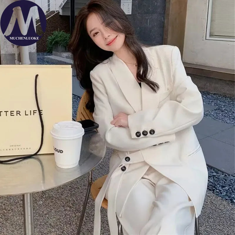 Damen Koreanische Mode Langarm-Blazer und Weite Hosen Zweiteiler Set Büro Casual Locker Sitzende Frühling Herbst Anzüge