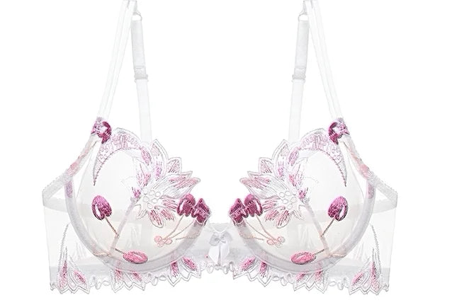 Eleganter Kirschblüten-Stickerei-Spitzen-Bügel-BH, ultradünn, Minimizer, stützend, Anti-Sagging, seitlich glättend für große Brüste, Größen 32-38, Set