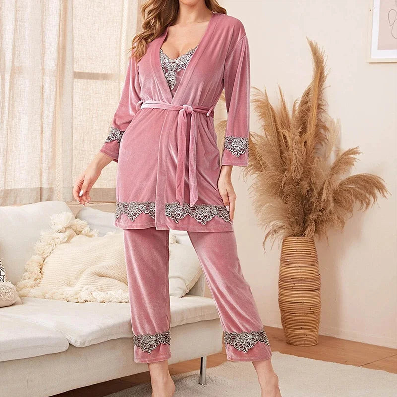 Europäischer und amerikanischer sexy mehrfarbiger Loungewear im neuen Stil – modischer und bequemer Pyjama mit Spitzenbesatz und Robe