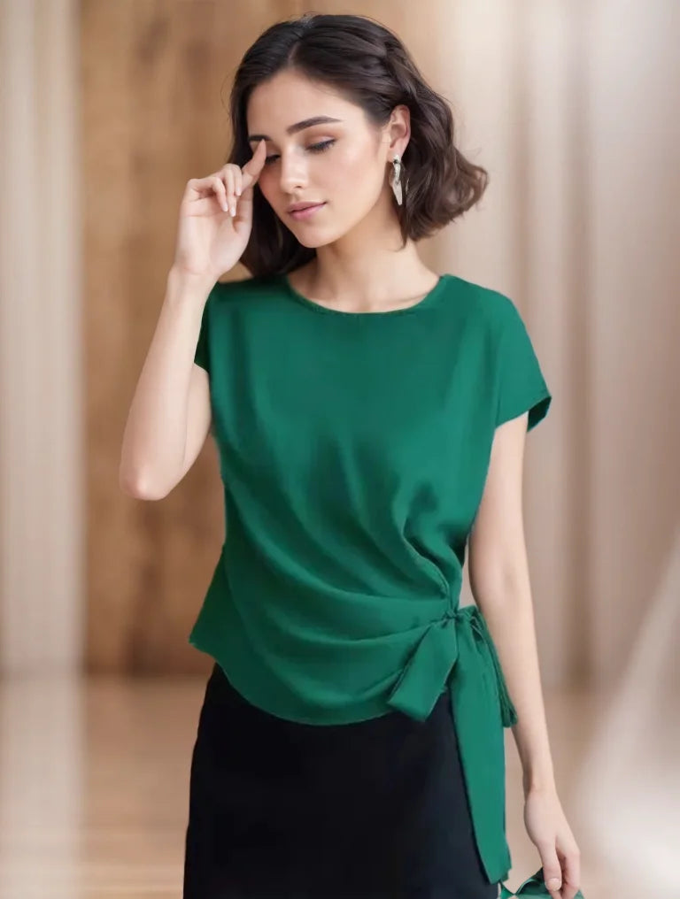 Frauen Frühling Sommer Stil Blusen Hemden Dame lässig O-Ausschnitt Kurzarm Fliege Dekor Blusas Tops
