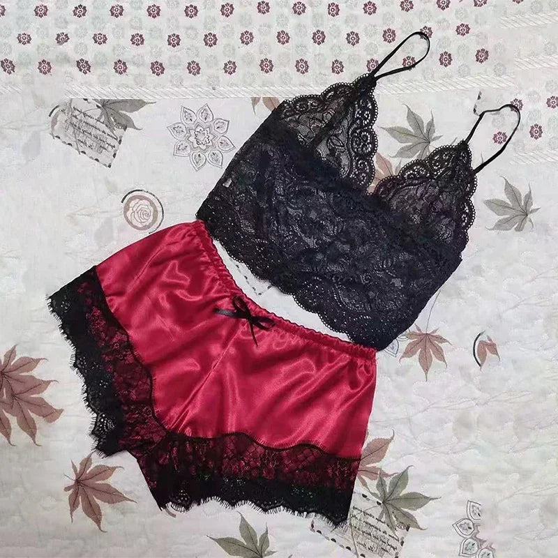 Nachtwäsche Damen sexy Pyjamas Set Spitze Nachthemd Dessous ärmellose V-Ausschnitt Tops und Shorts Sets Nachtwäsche Lounge wear