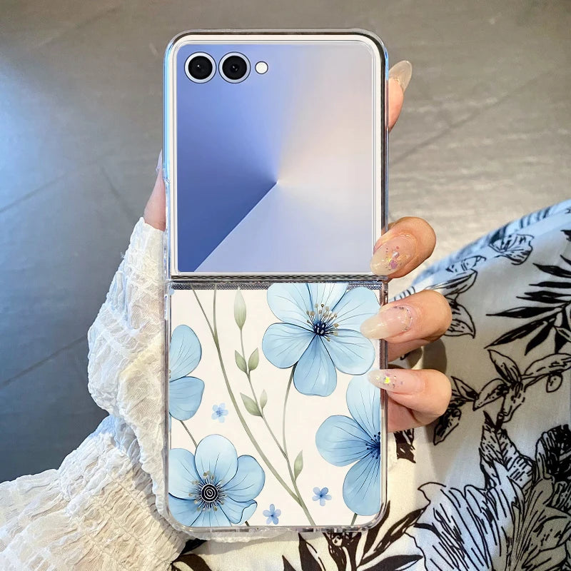 Blaue Blumen Muster Handyhülle für Samsung Galaxy Z Flip 7 FE 6 5 4 3 5G Hard PC Transparent Folding Cover für Samsung Z Flip7