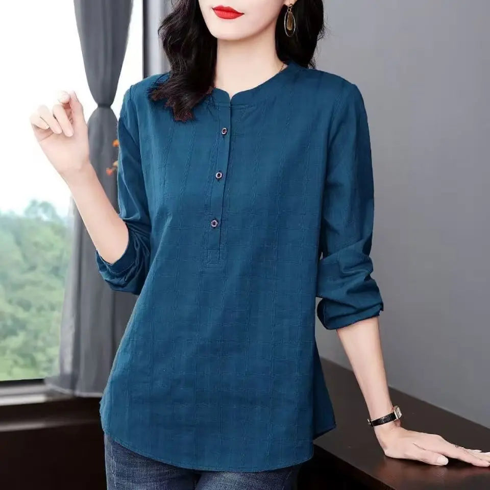 Frauen Frühling Herbst Stil Blusen Hemden Dame Casual Langarm Stehkragen Blusas Tops DF4850