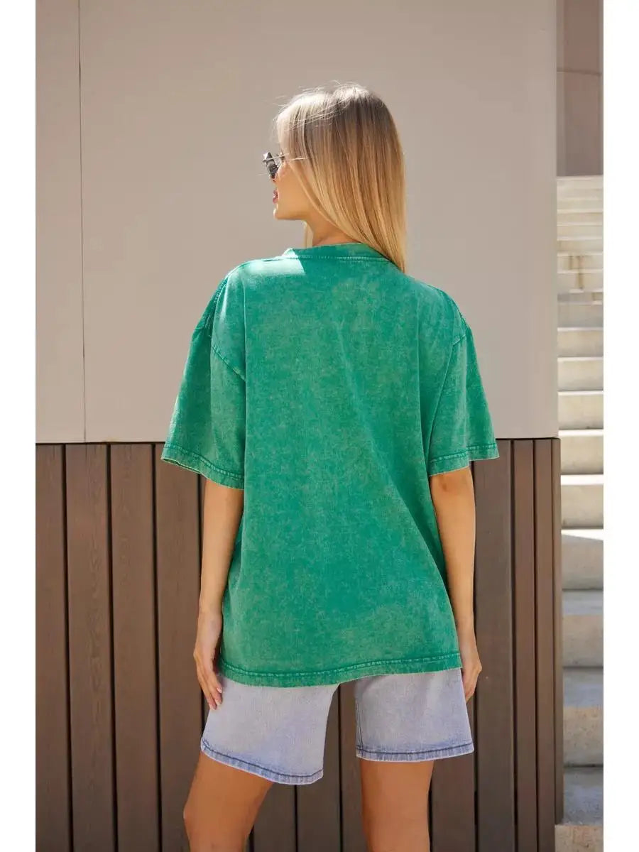 Mode Frauen Baumwolle Solide Gewaschen T-shirts Lose Oansatz T-shirts Straße Casual Komfortable Kurzarm Tops Weibliche Kleidung