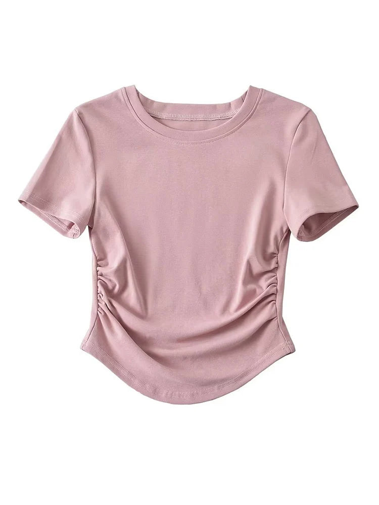 Harajuku Damen-T-Shirt aus Baumwolle mit Rundhalsausschnitt und gerüschten Seitendetails