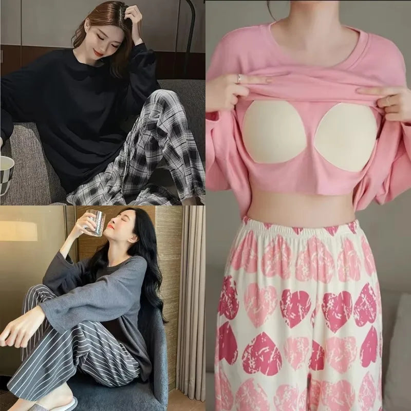 2 Teile/satz frauen Große Größe mit Brust Pads Pyjamas Frühling Herbst und Winter Nachtwäsche Lange Ärmeln Lose Nachtwäsche homewear