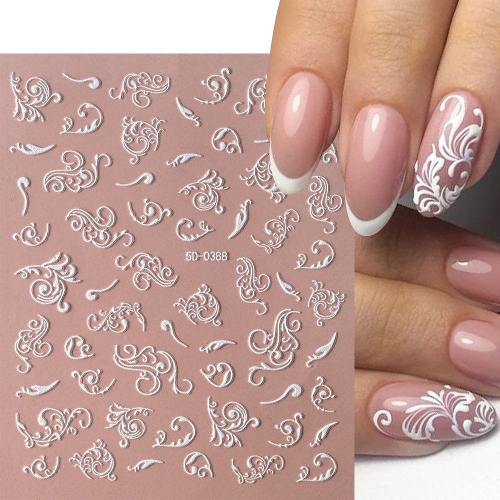 1 Stück 5D geprägte weiße Spitze Blume Nail Art Aufkleber Acryl Blumen Blatt Schmetterling Charme selbstklebende Schieber 10 * 8 cm Maniküre Aufkleber