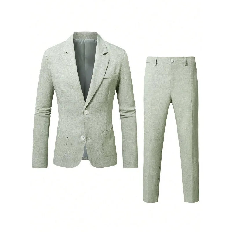 KIDWHXR Herren 2-teiliges Hochzeits-Set Koreanischer Einfarbiger Einreihiger Blazer mit Taschen Gerade Geschnittene Hose Schlanker Casual Anzug Outfit