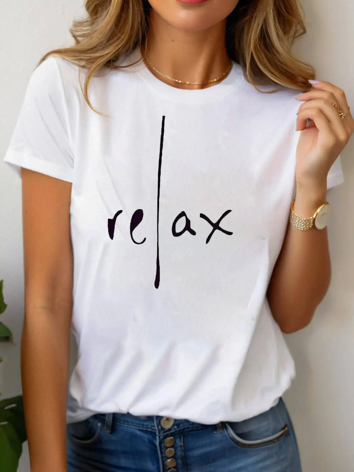 Lässiges, minimalistisches Damen-T-Shirt mit Relax-Buchstaben-Aufdruck, Rundhalsausschnitt, kurze Ärmel, für den Alltag und Aktivitäten, Tops, T-Shirt für Damen