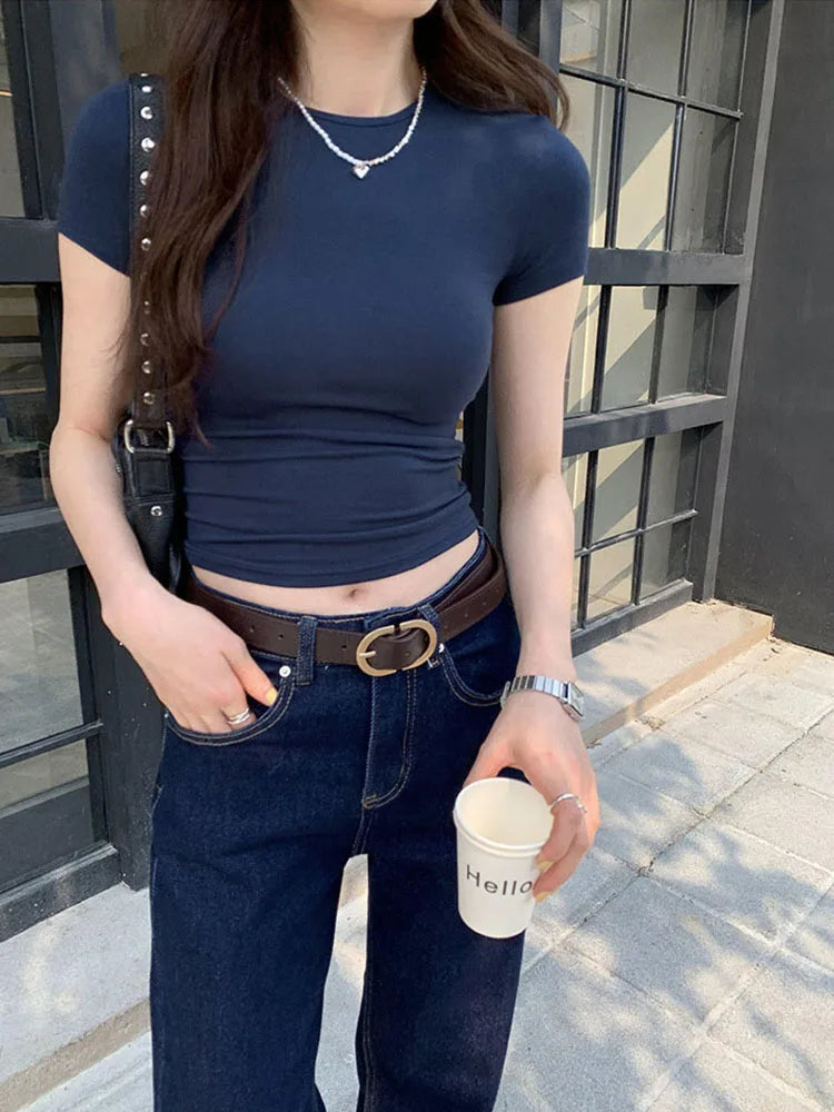 Damen Basic Solid Crop Top Kurzarm Rundhals Skinny T-Shirt Sommer Casual Y2K Vintage Harajuku Streetwear