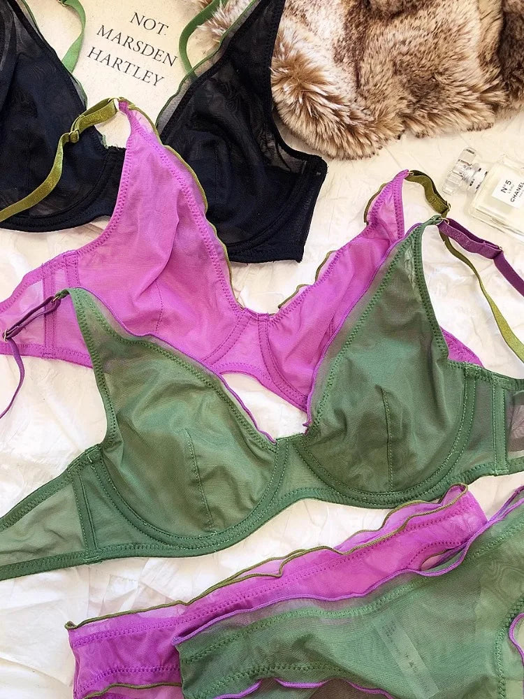 Elegantes Minimizer-BH-Set im französischen Design, modische Dreiecksschalen, strukturelle Unterstützung, ultradünnes, weiches Mesh-Dessous-Set, MOYISU Sexy Tushy