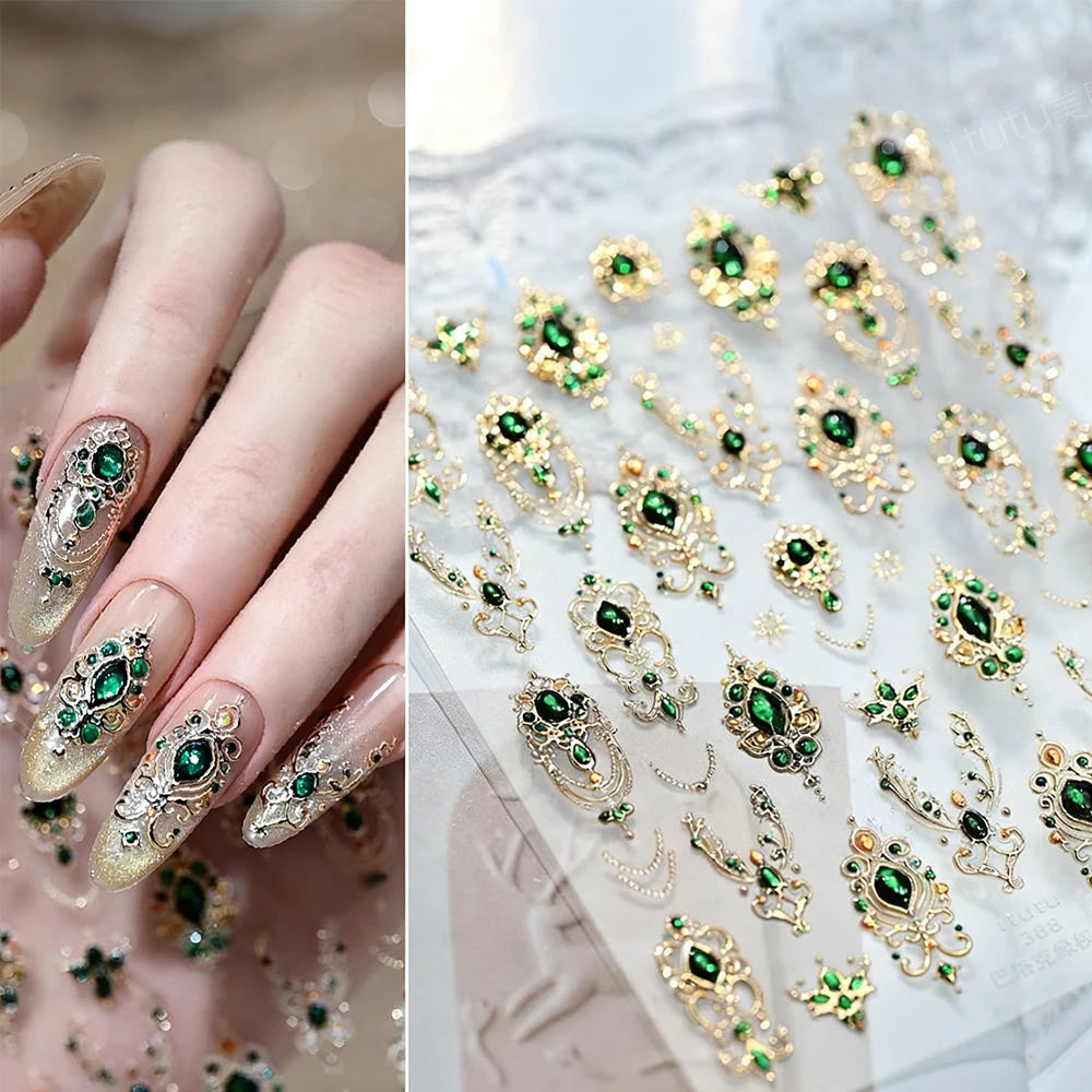 5D Grüner Edelstein Luxus Nail Art Aufkleber Bronzing Barock Halskette Rahmen Nagelschieber Selbstklebend Höflich Retro Nagelaufkleber Dekor