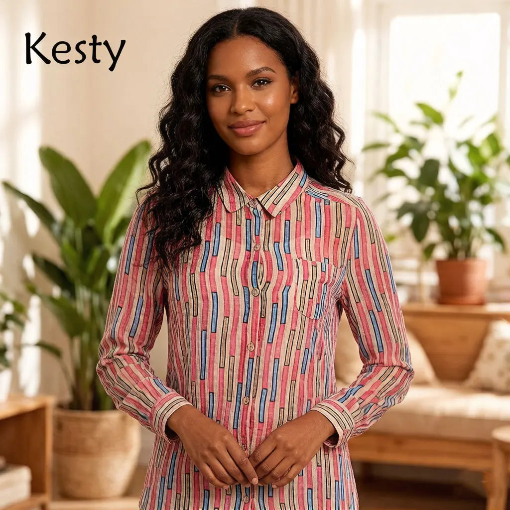 Damen-Hemd mit Streifenmuster, rosa Farbblock, langärmlig, Button-Down-Bluse mit Tasche, lockere Passform, lässig, für das Büro