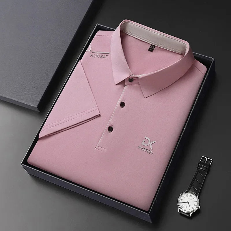 Neues Herren-Business-Casual-Kurzarmhemd mit Abzeichen, einfarbiges Poloshirt, modisches, atmungsaktives, bequemes, vielseitiges Oberteil