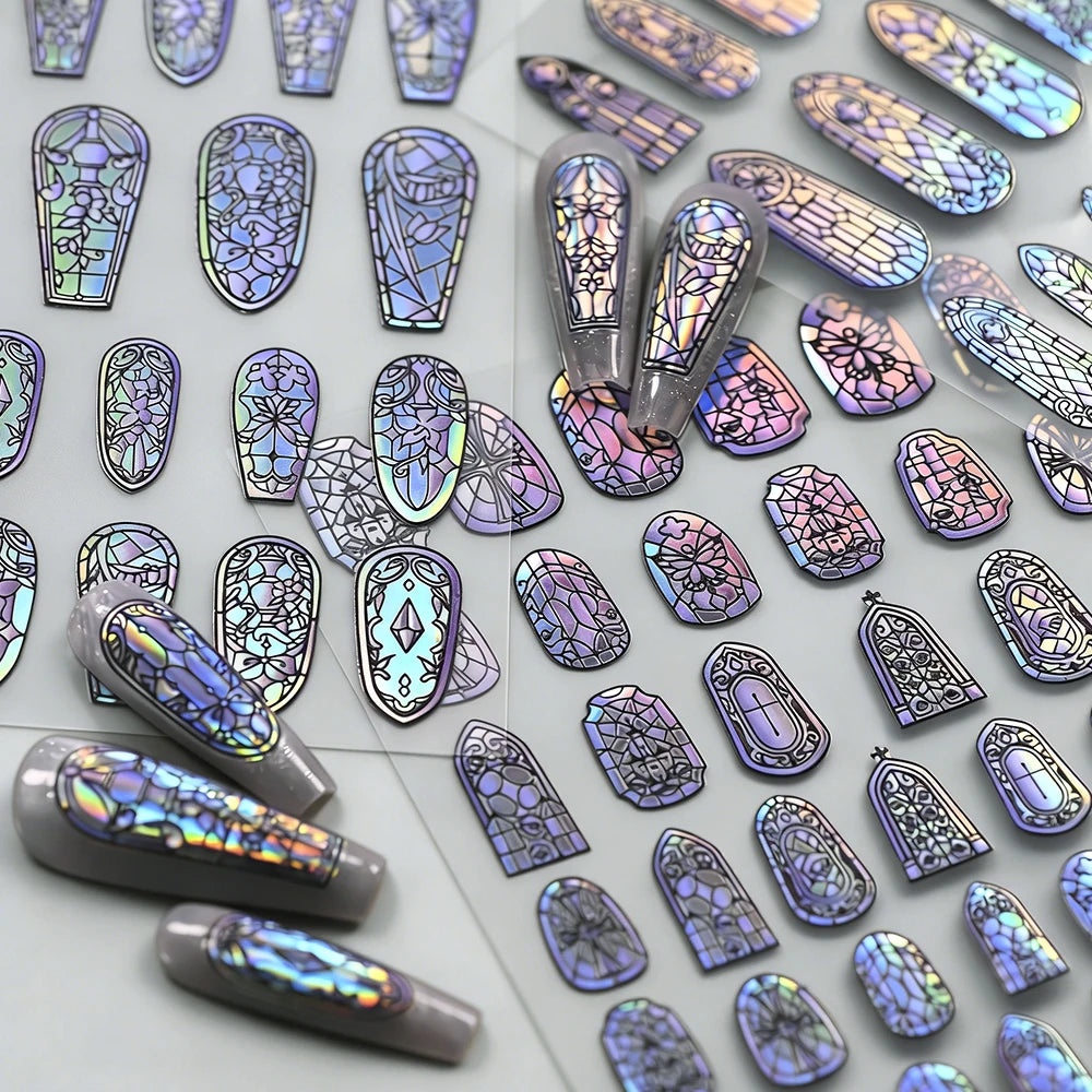 1/3 Stück 5D Aurora Buntglas-Nagelaufkleber Buntes Fenster-Rokoko-Blumenmuster Nagelkunst-Aufkleber DIY Maniküre Gotische Dekoration