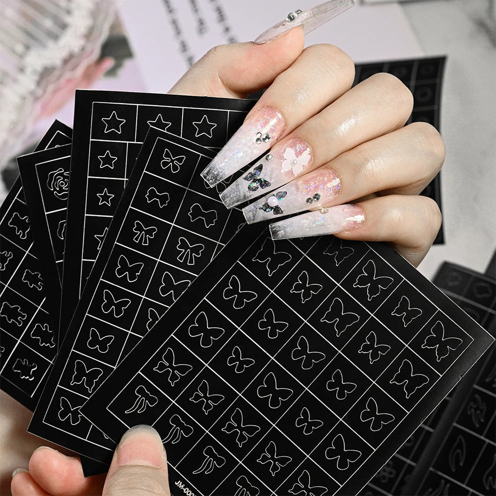 24 Muster Airbrush-Schablonen, Nagelkunst-Aufkleber, hohler Schmetterling/Blume/Schleife/Französische Liniendruckschablonen, Nagelaufkleber, DIY-Werkzeuge