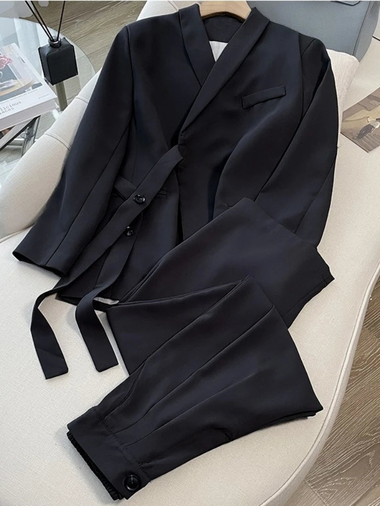 Frühling Herbst Damen Blazer-Hosen-Sets Mode Büro-Damen Lässige Weite Hosen Anzug-Set Damen Zweiteiler Damen-Outfits