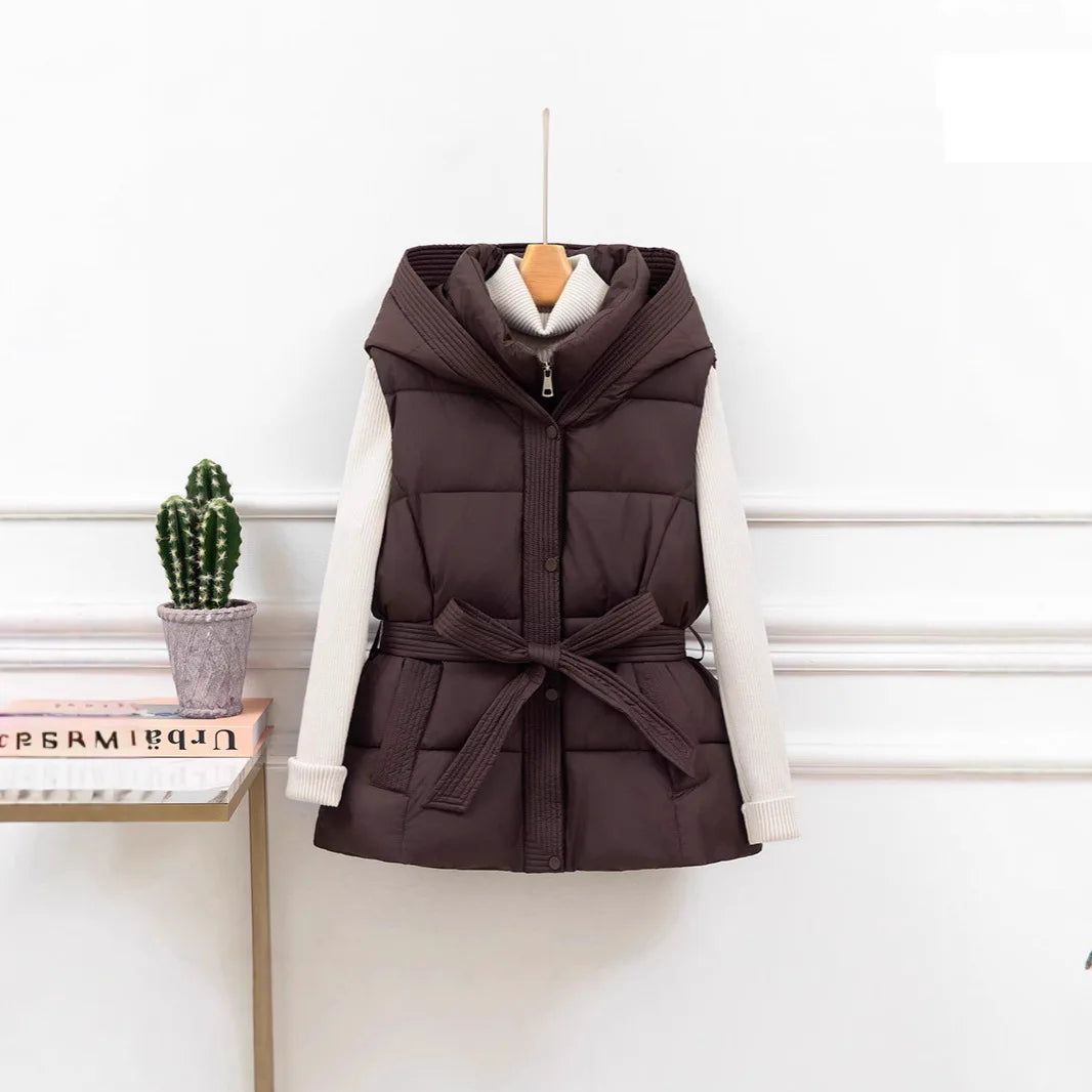 Gesteppte Pufferweste für Damen, verdickt, warm, Winter-Kapuzenmantel, einfarbig, ärmellos, gepolstert, Oberbekleidung, abgeschnittener Mantel mit Knopf und Reißverschluss