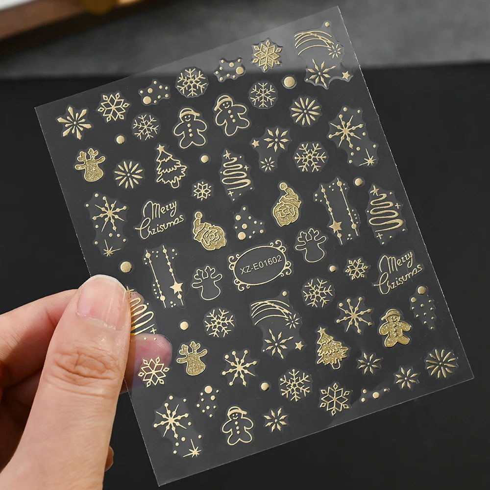 2 Stück 3D Glitter Gold Weihnachten Nagelaufkleber Schneeflocke Kristallkugel Baum Schneemann Nail Art Aufkleber selbstklebend Urlaub Nagelzubehör