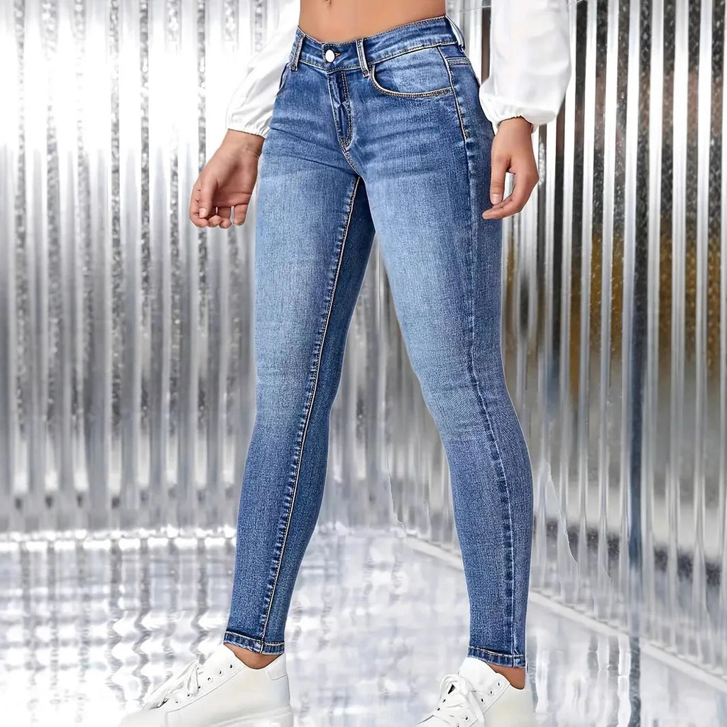 Damen-Jeans mit hoher Taille, Stretch-Denim, Hüftstraffung, schmale Bleistifthose, lange, schmale, einfarbige Hose für Damen, klassisches Design