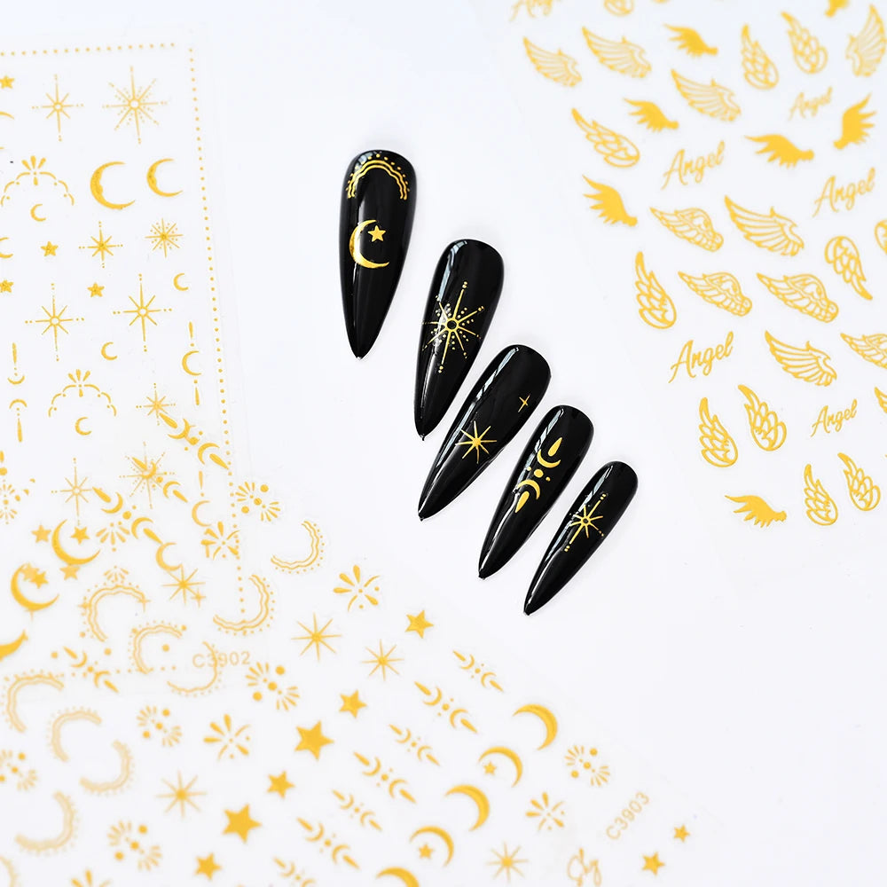 Vergoldete Stern und Mond Bronzing Nail Art Aufkleber hochwertige 3D Gold/Silber selbst klebende Slider DIY Nagel Aufkleber Dekoration 8*10cm
