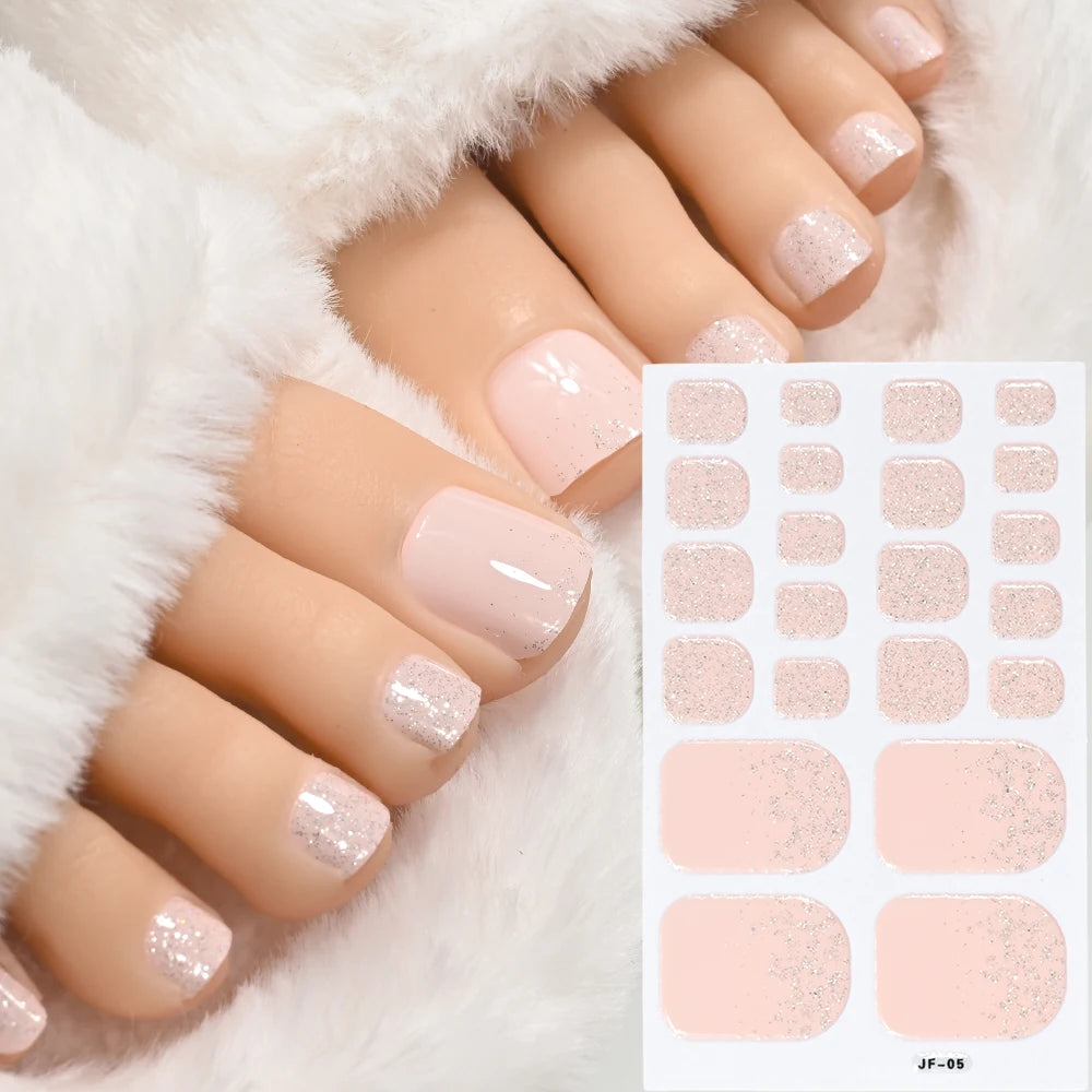 22 Tipps goldene Glitzer-Nagelaufkleber für Füße, 5 Farben, 11 Größen, vollständige Abdeckung, Fußkunst-Aufkleber, einfach zu erreichen, Zehen-Maniküre-Dekoration