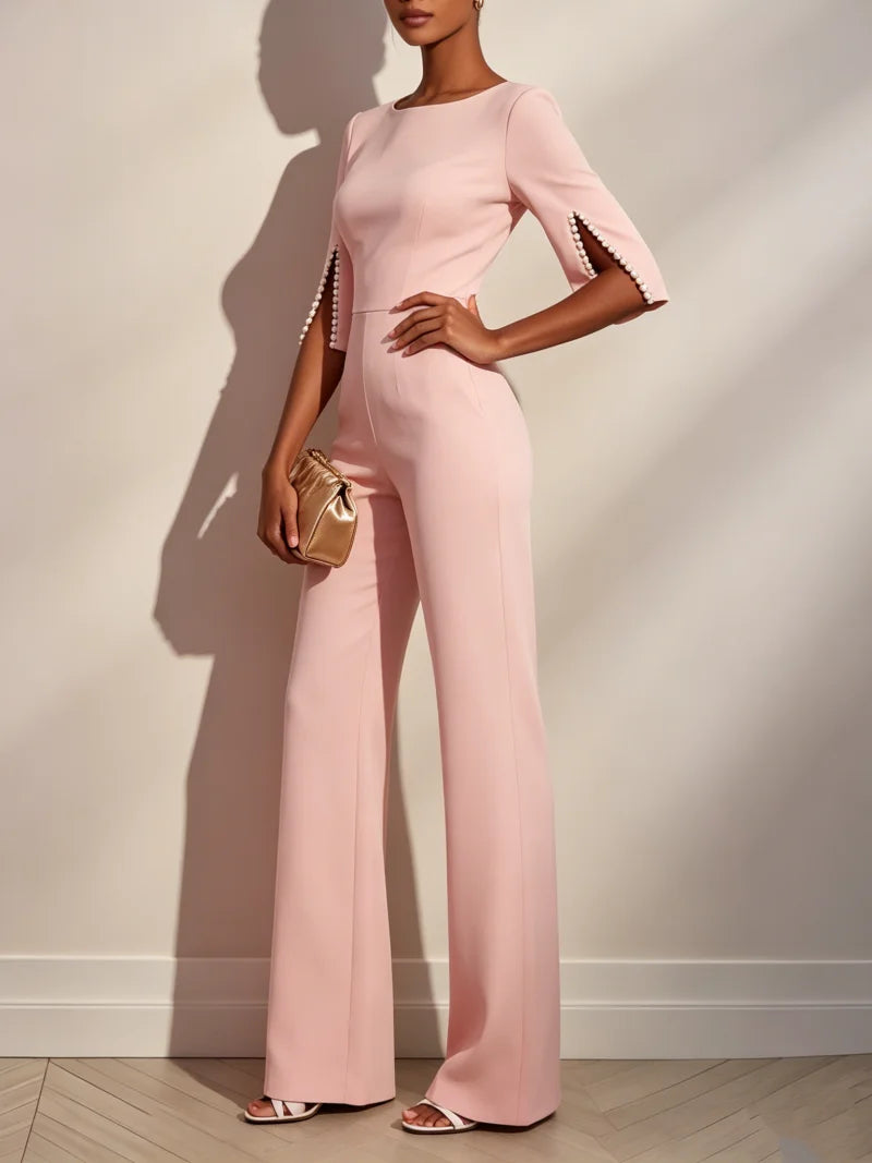 Eleganter Damen-Jumpsuit mit Rundhalsausschnitt, Perlenbesatz, Geschlitzten Ärmeln, Hoher Taille und Weitem Bein für Partys und Abendveranstaltungen