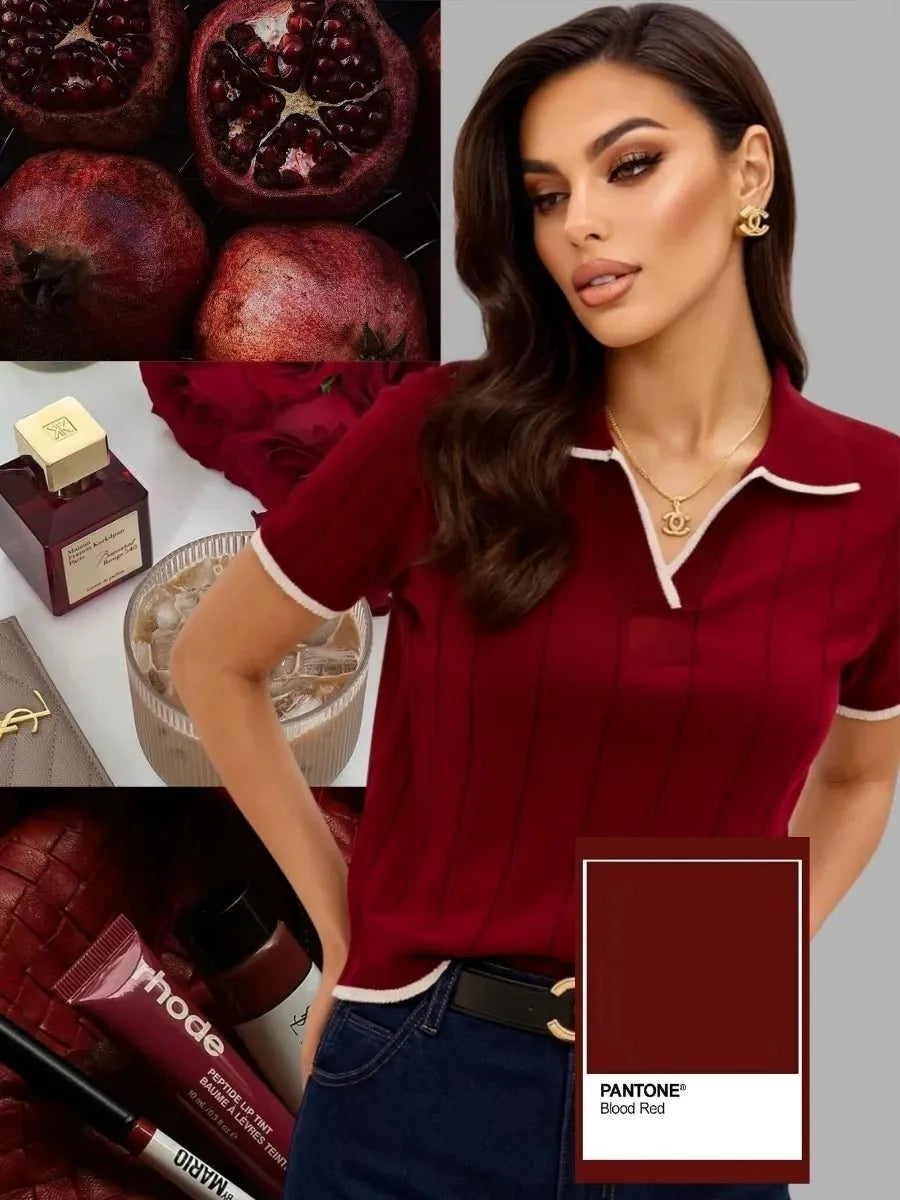 Braunes Kontrast-Poloshirt mit Weißer Einfassung für Damen Kurzarm V-Ausschnitt Slim Fit Lässige Strickware