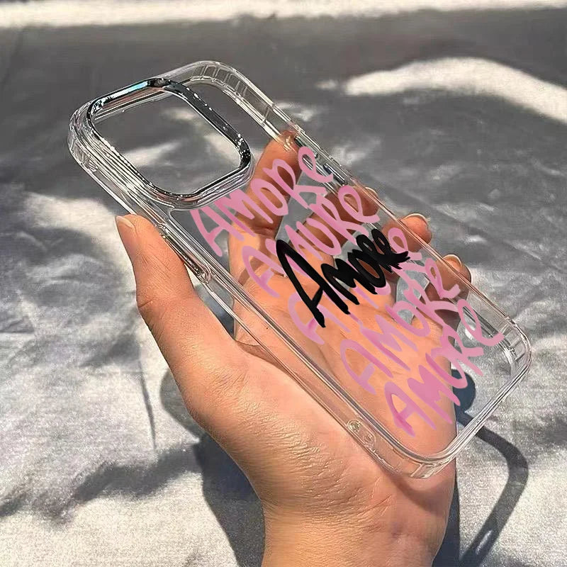 AMORE Rosa Text Silber Linsenrahmen Transparente Handyhülle für iPhone 17 16 11 12 13 14 15 Pro Max XS X XR 7 8 Plus 16E Air Cover