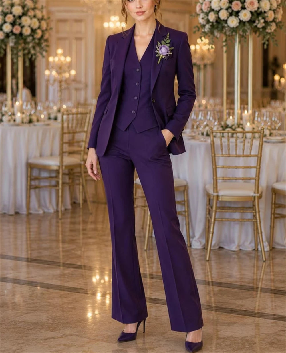 Moderner Damenanzug in Lila, 3-teilig, Elegantes Abend- und Business-Outfit, Büroanzug Blazer+Weste+Hose