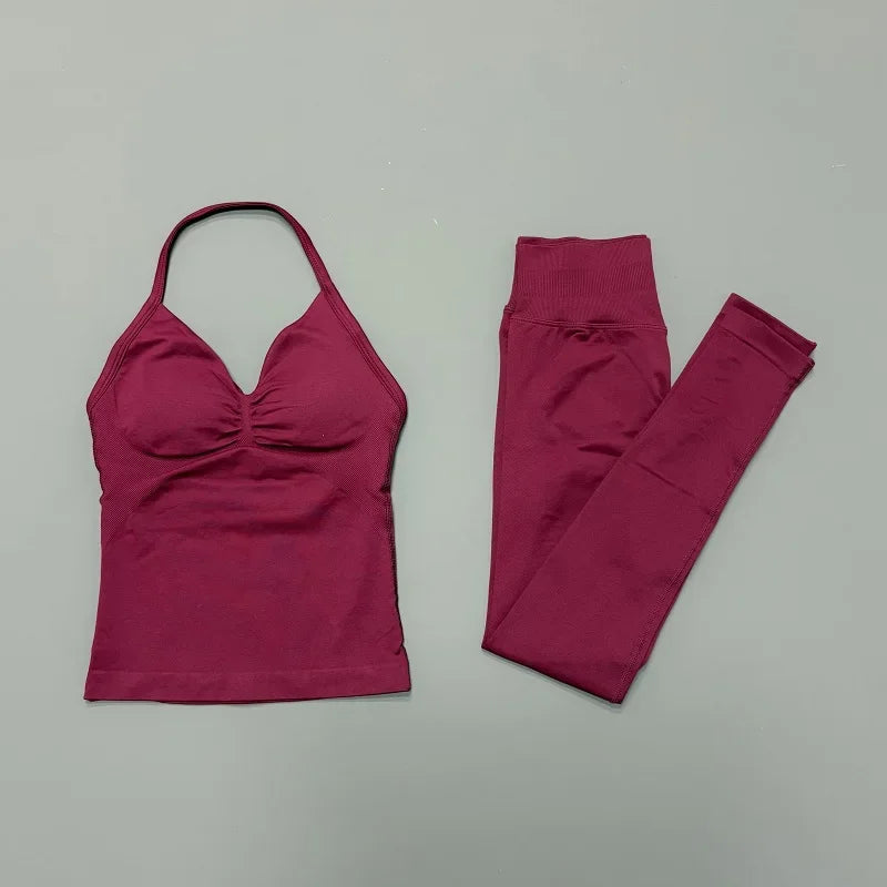 HISTELLO Gym-Leggings-Set, 2-teilig, für Damen, Yoga, lang, mit Trägern, nahtlos, Fitness-Kleidung, Laufen, Workout, Sport-Tops, Outfit
