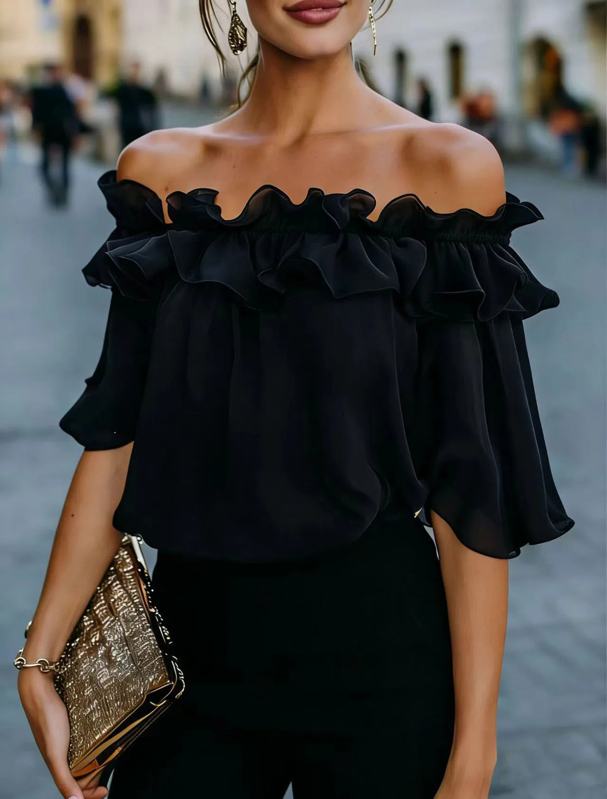 Schulterfreies Rüschenoberteil für Damen, lockere Passform, kurzärmelige Bluse, lässiges Sommerhemd, trendige Mode