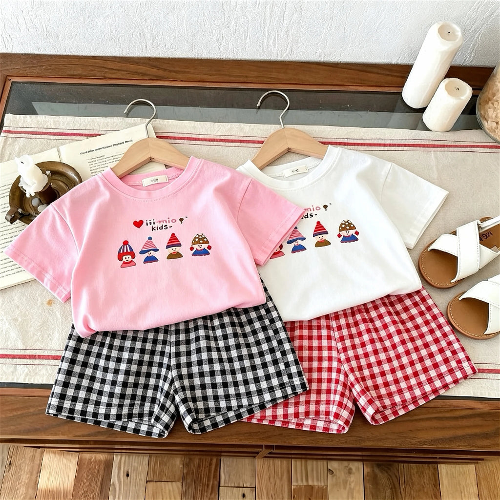 Sommer-Kurzarm-T-Shirt-Anzug für Babys, einfache, modische, lässige zweiteilige Set-Kinderkleidung, T-Shirt + karierte Shorts