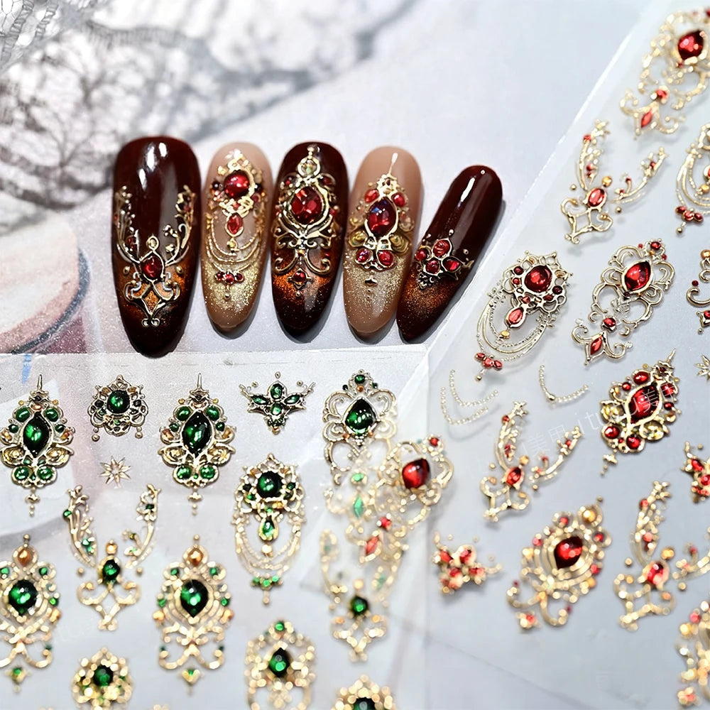 5D Grüner Edelstein Luxus Nail Art Aufkleber Bronzing Barock Halskette Rahmen Nagelschieber Selbstklebend Höflich Retro Nagelaufkleber Dekor