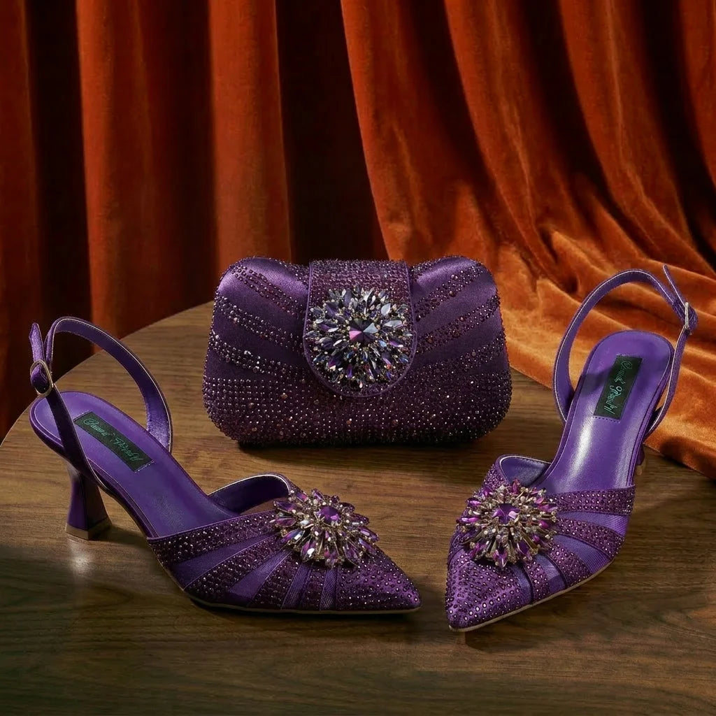 2026 Elegante grüne Strass-Slingback-Absätze für Damen & passendes Handtaschen-Set – Komfort inklusive – Stylische Schuhe mit spitzer Zehenpartie
