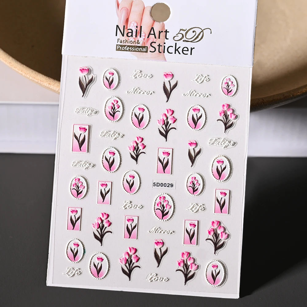 1 stücke 5D Nette Bunte Gänseblümchen Nail art Aufkleber Frühling Blumen Tulpe Weiß Gänseblümchen Nagel Aufkleber Sommer Blüte Floral Maniküre decora