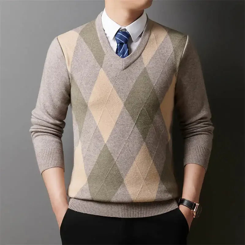 Winter Warm Neue männer Plaid V-ausschnitt Langarm Pullover Gestrickte Pullover Mode Lässig Vielseitig Top