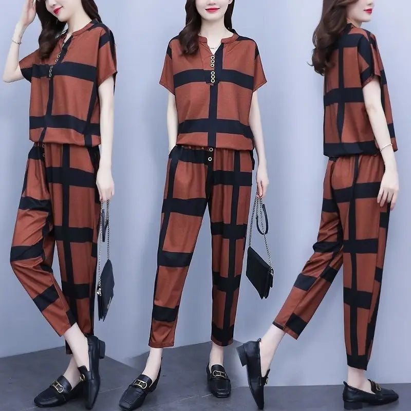 Frauen Casual Anzug 2025, Frühling Sommer Neue Mode Lose Koreanische Plus Größe Kleidung Kurzarm Tops Harun Hosen 2 Zwei Stück Set