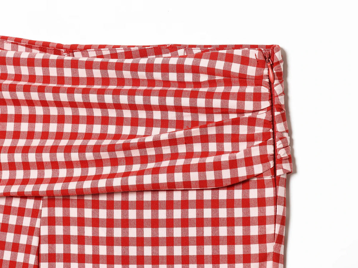 Europäischer und amerikanischer Stil Damenbekleidung neue Mode ärmelloses hochgeschlossenes kariertes kurzes Oberteil und Hosen-Set
