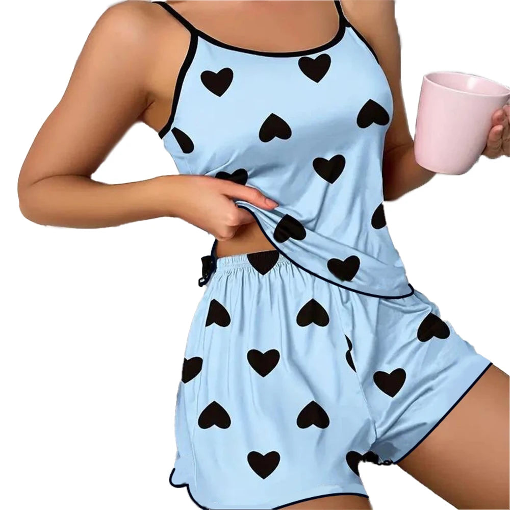 Damen-Pyjama-Set, Pyjama, T-Shirts, Shorts, rosa, herzförmiger Druck, Rundhals-T-Shirt, Eisseiden-Oberteil, bequem, lässig, Sommer ﻿