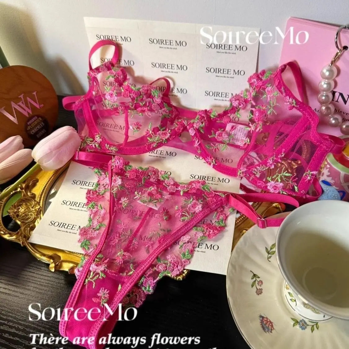 Tägliches französisches Spitzen-BH-Set, durchsichtiges Mesh-Bügel, große Brustunterstützung, Blumenstickerei, Komfortkleidung, sexy MOYISU-Höschen, bezauberndes Set