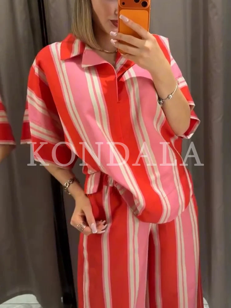 KONDALA Damen Casual Urlaubs-Set mit Gestreiftem Kurzarm-Oberteil und Eleganter Langer Hose 2026 Sommer Schickes V-Ausschnitt-Top, Hose mit Elastischem Bund