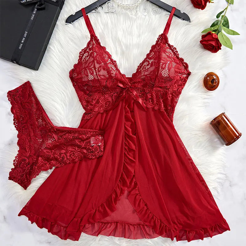 Schlinge Hause Tragen Sommer Ärmellose Voll Transparent Nachthemd Frauen Robe Nachthemd Plus Größe Pyjamas Panty Set Exquisite V-ausschnitt