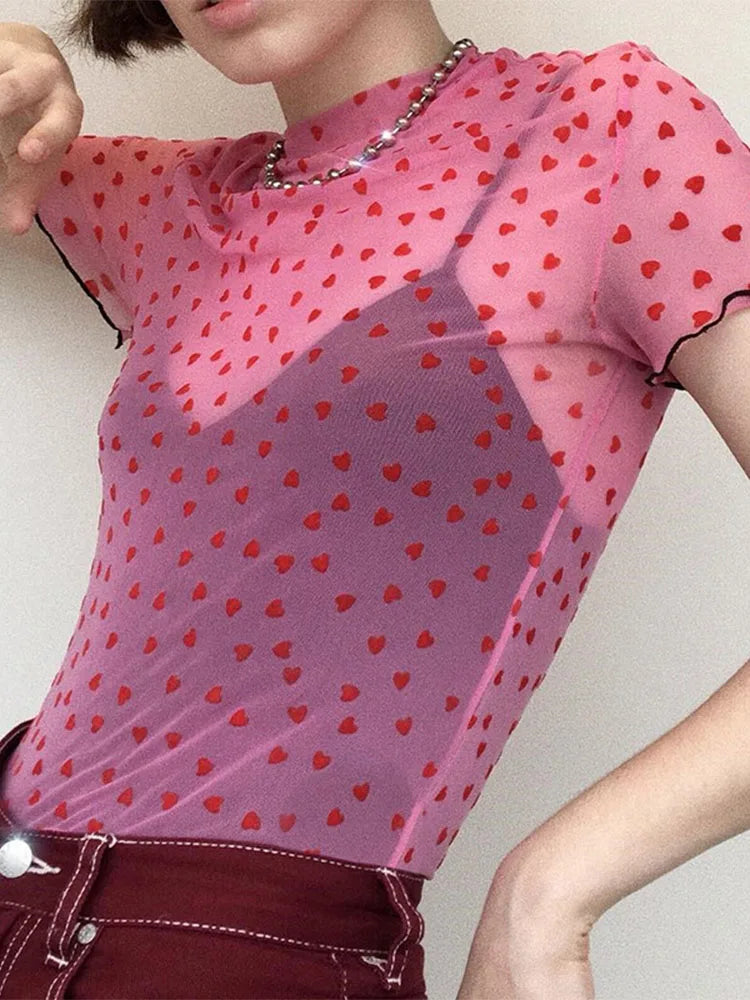 Hot Mesh Herz Roll kragen T-Shirts Tops Frauen transparent durchsichtig weiß schwarz elastisch dünn Crop Tops dehnbar neu