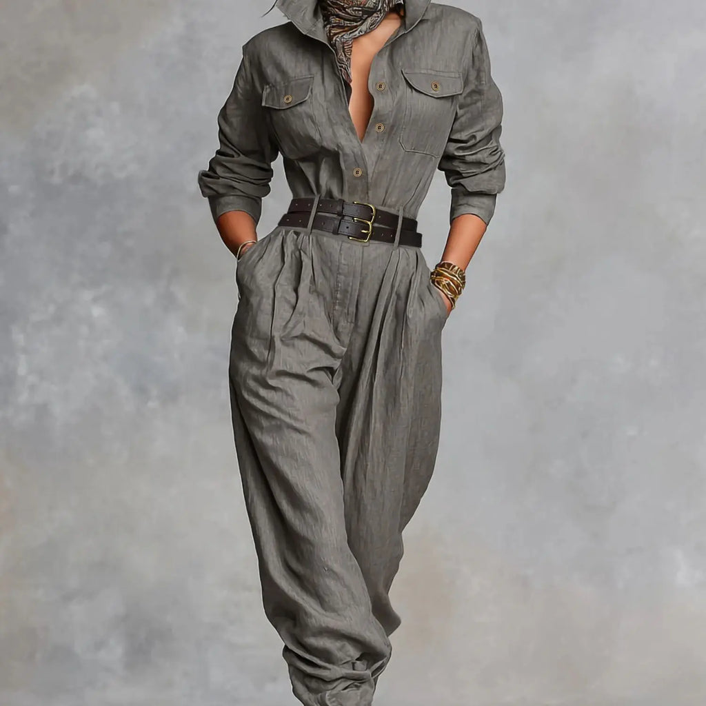 Damen Casual Utility Jumpsuit mit Doppelgürtel - Reverskragen Knopfleiste Langarm Haremshose Einteiler