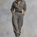 Damen Casual Utility Jumpsuit mit Doppelgürtel - Reverskragen Knopfleiste Langarm Haremshose Einteiler