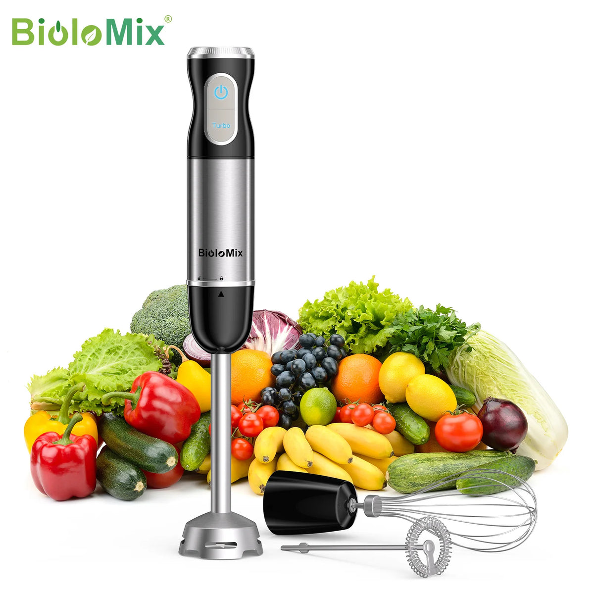 BioloMix 3-in-1-Tauchmixer aus Edelstahl, mit scharfen Klingen, Schneebesen und Milchaufschäumer, zur Herstellung von Babynahrung und Püree