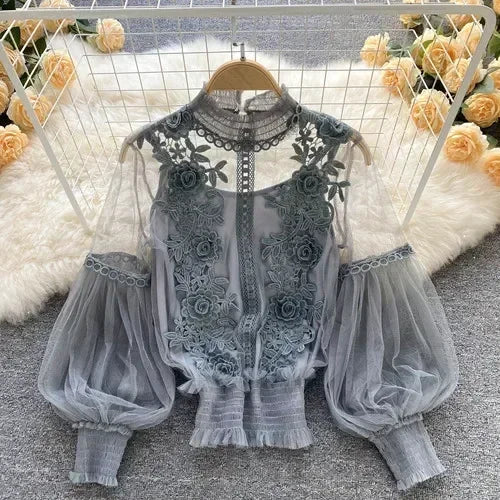 Spitze Puff Langarm Bluse Vintage-Mode Blusen Elegante Femme Blusas Koreanische Frau Tops Frauen Shirts Kleidung Dropshipping