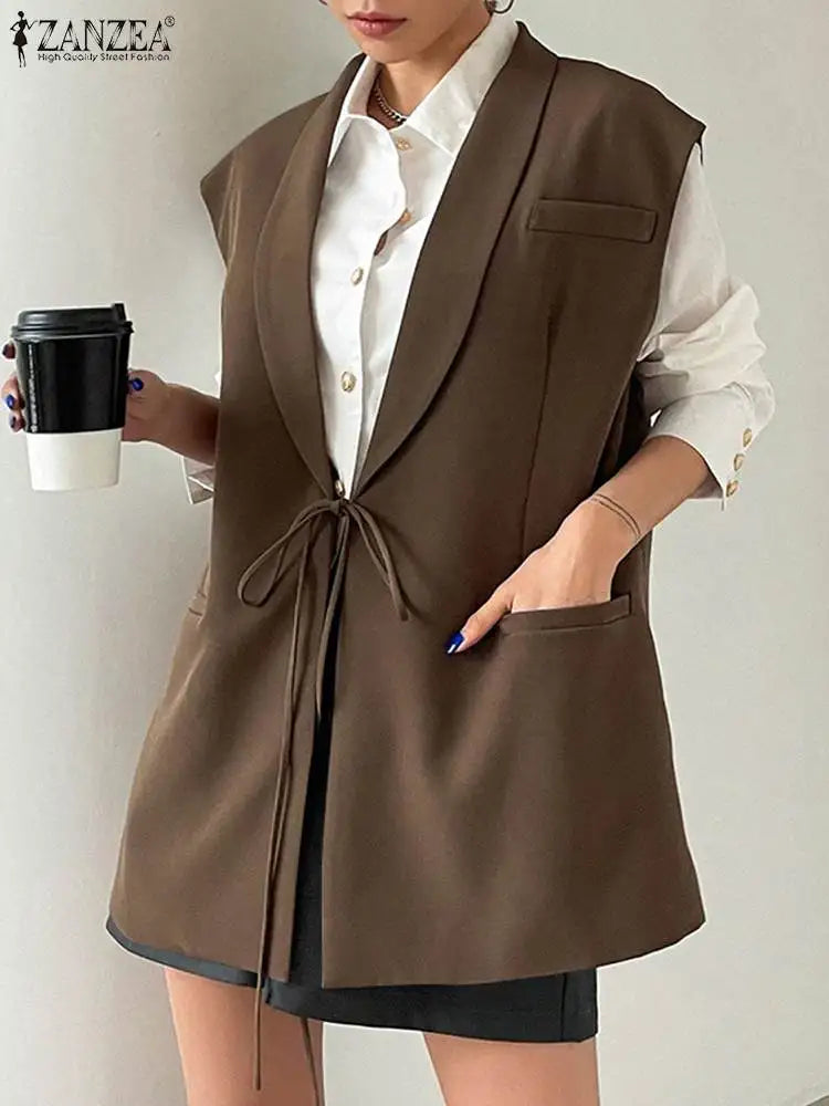 Zanzea übergroße Out wears 2024 Frauen ärmellose Weste Mode Revers Kragen Weste elegante Schnürung Blazer koreanische Tank Jacken