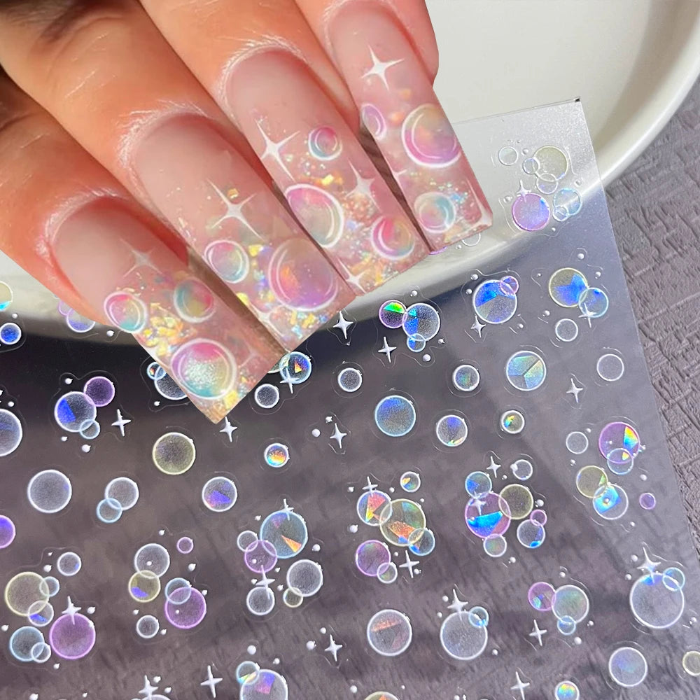 Bunte Blasen Laser Shattered Glass Effect Nail Art Aufkleber Regenbogen Bagful Goldfish 5D Aufkleber Selbstklebende Maniküre Sliders